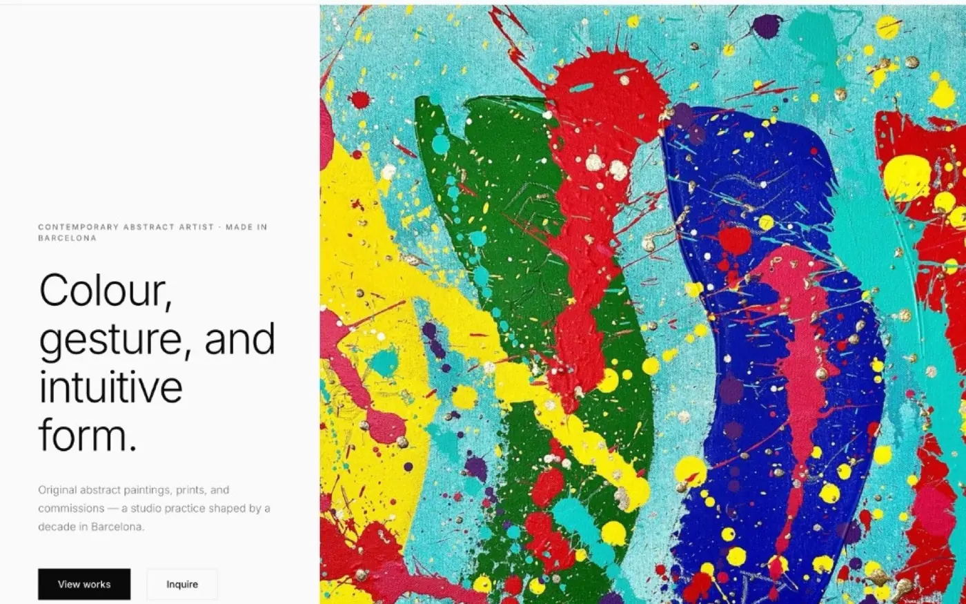 Miroslavo website — contemporary abstract artist homepage with hero artwork and works catalogue