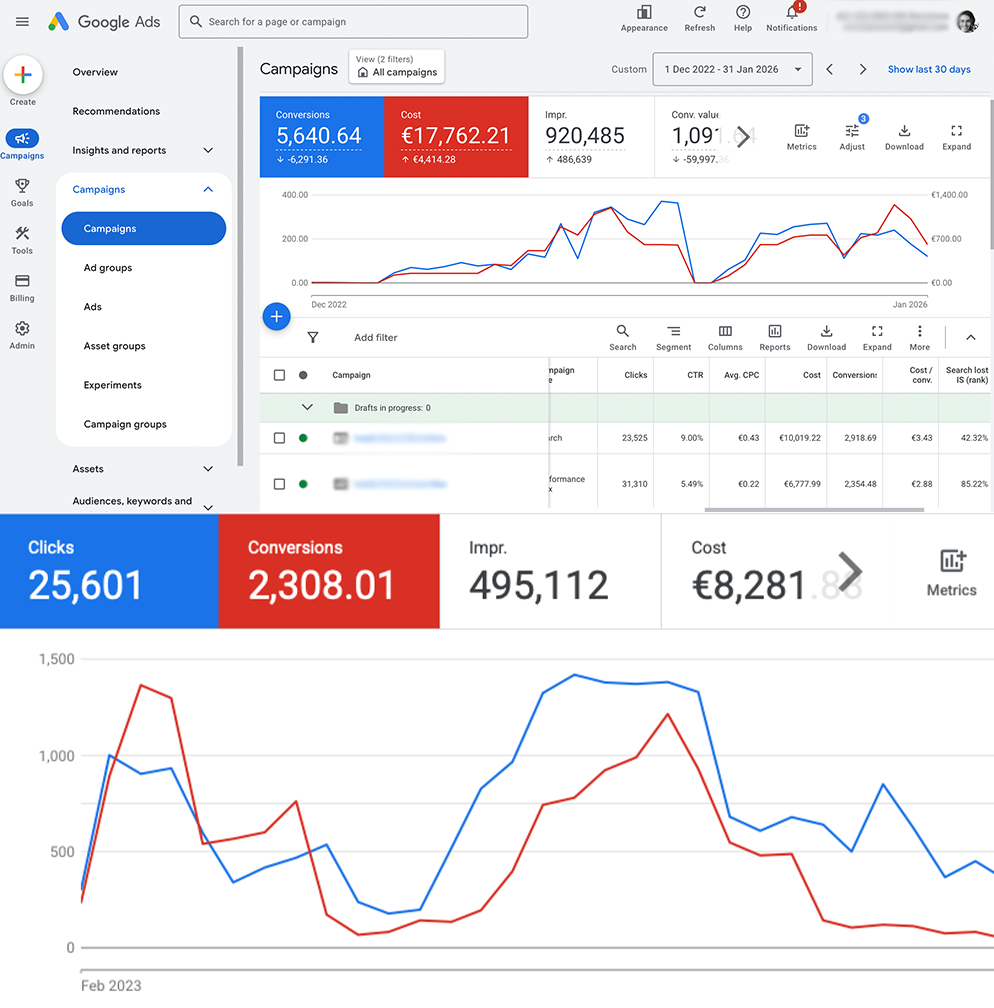 Google Ads performance chart for NIE Barcelona — lead and conversion growth