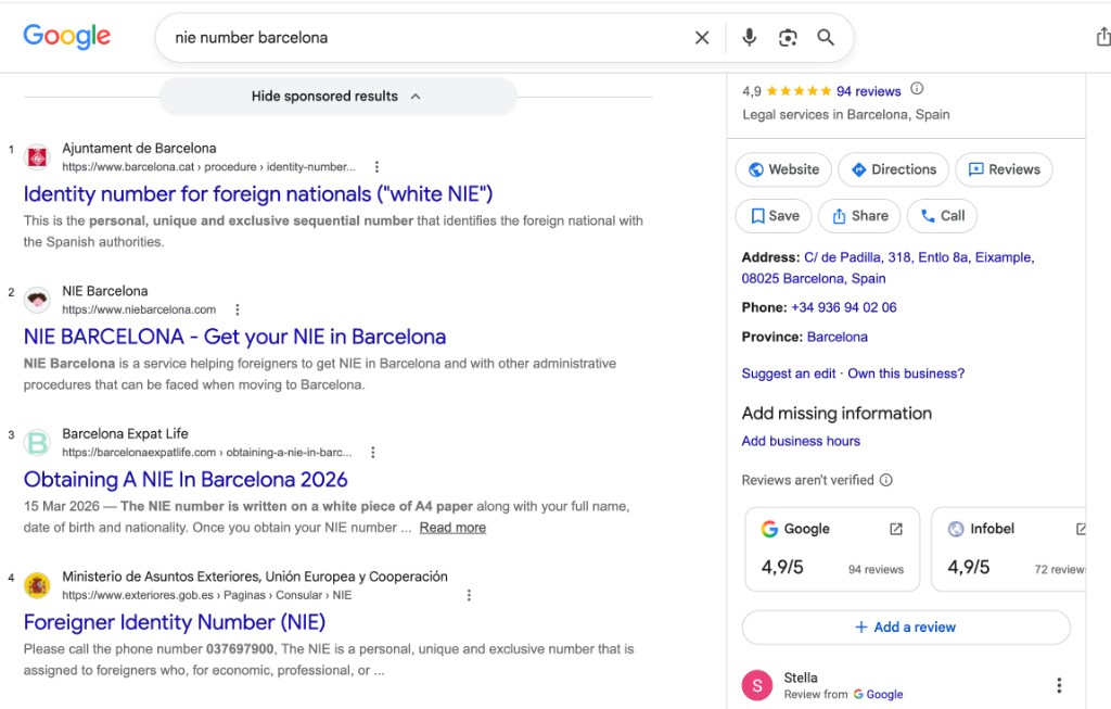 Výsledky vyhledávání Google pro NIE Barcelona — top organické pozice a firemní profil